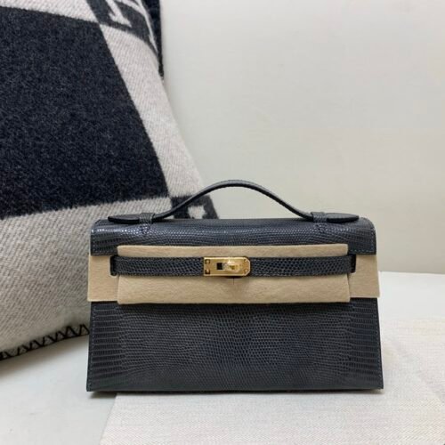 Global Sales Kelly Pochette 22CM 88 Graphite Lizard Leather Gold Hardware