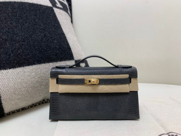 Global Sales Kelly Pochette 22CM 88 Graphite Lizard Leather Gold Hardware