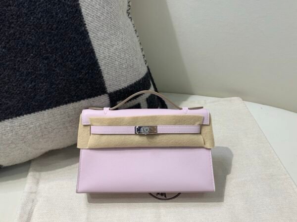 Top Handmade Kelly Pochette 22CM 09 Mauve pale Swift Leather Silver Hardware
