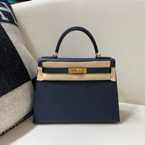 Handmade Kelly 28CM 76 Blue indigo Epsom Leather Gold Hardware Top Quality