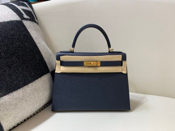 Handmade Kelly 28CM 76 Blue indigo Epsom Leather Gold Hardware Top Quality