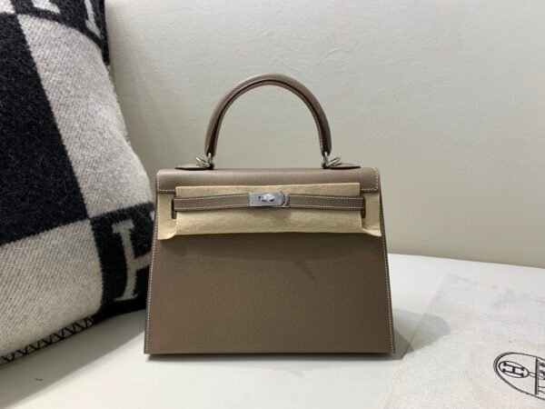 Kelly 25CM Epsom Leather Full Handmade Silver Hardware Top Quality 8C Gri Elephant