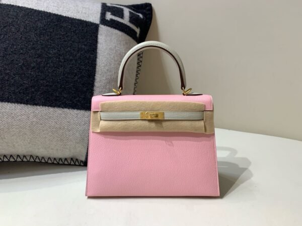 Kelly 25CM Chevre Leather 3Q Rose Saiura 80 Gris Perle Full Handmade