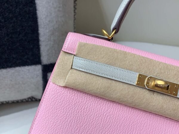 Kelly 25CM Chevre Leather 3Q Rose Saiura 80 Gris Perle Full Handmade
