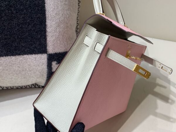 Kelly 25CM Chevre Leather 3Q Rose Saiura 80 Gris Perle Full Handmade