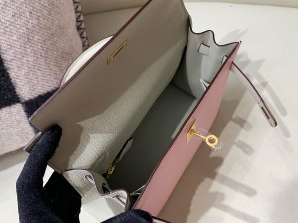Kelly 25CM Chevre Leather 3Q Rose Saiura 80 Gris Perle Full Handmade