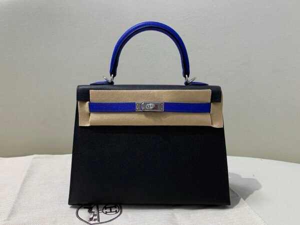 Full Handmade Kelly 25CM Epsom Leather 89 Nior 7T Bleu electrique