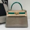 Kelly 28CM New Arrival 81 Gris Tourterelle 6Q Vert Emeraude Porosus Leather GHW