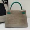 Kelly 28CM New Arrival 81 Gris Tourterelle 6Q Vert Emeraude Porosus Leather GHW