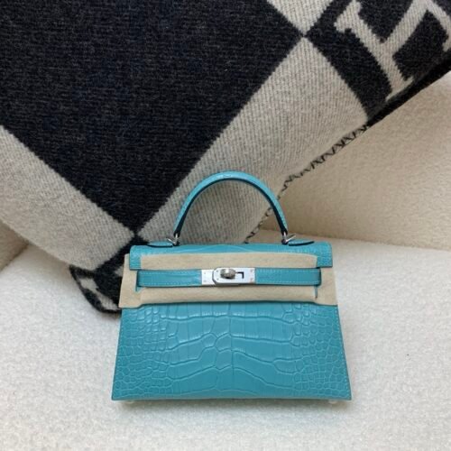 Mini Kelly 19CM Alligator Skin 7F Bleu Paon Full Handmade Silver Hardware