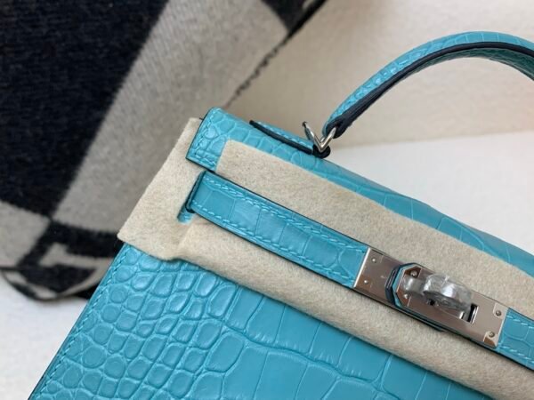 Mini Kelly 19CM Alligator Skin 7F Bleu Paon Full Handmade Silver Hardware