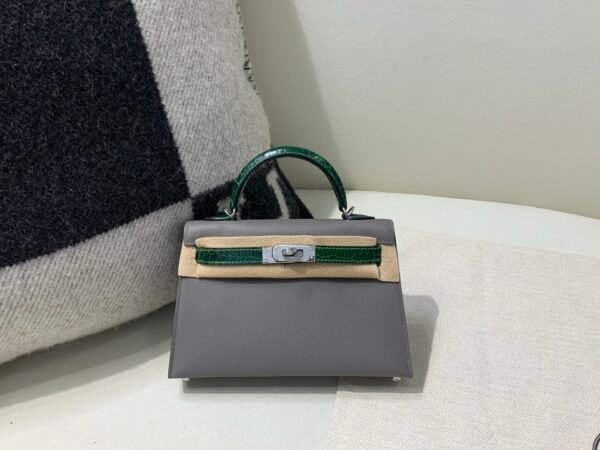 Mini Kelly 19CM 0L 6Q Vert Emeraude Madame Leather and Crocodile Skin SHW