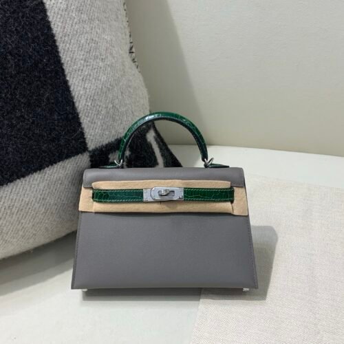 Mini Kelly 19CM 0L 6Q Vert Emeraude Madame Leather and Crocodile Skin SHW