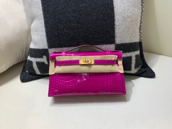 Full Handmade Kelly Pochette 22CM 5J Fushsia Alligator Skin Gold Hardware