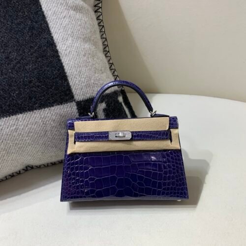Mini Kelly 19CM M3 Blue Encre Alligator Skin Silver Hardware Full Handmade