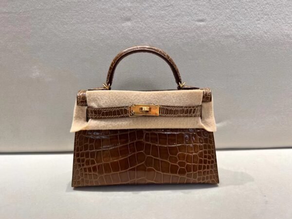 Mini Kelly 19CM Alligator Leather GRIS CAILLOU Gold Hardware