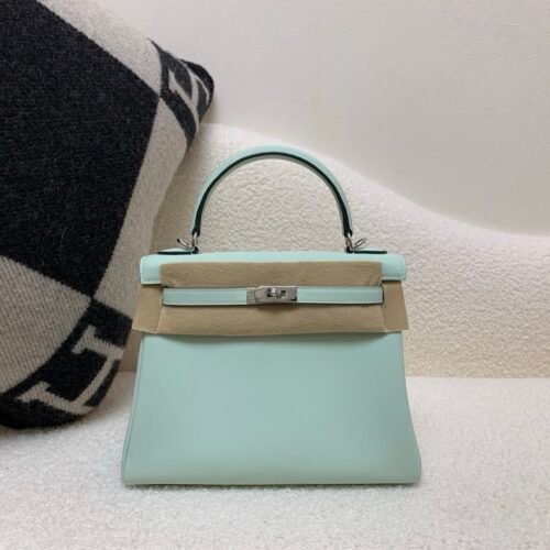 wsxc1762256875693_0 Kelly 25CM 6W Menthe Swift Leather Top Handmade Silver Hardware