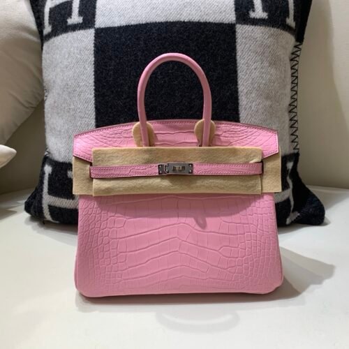 Full Handmade Birkin 25cm 5P Pink Alligator Leather SHW Original Package