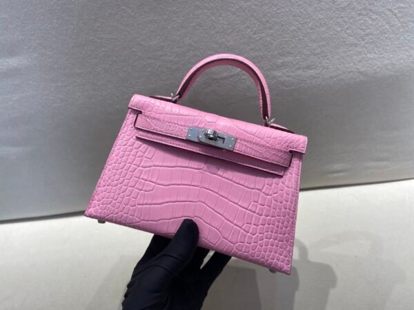 Full Handmade Mini Kelly 19CM 3Q Rose Sakura Alligator Leather Silver Hardware