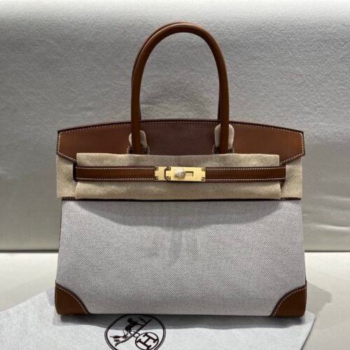 Birkin 30CM Barenia Leather/ Canvas Full Handmade Gold Hardware