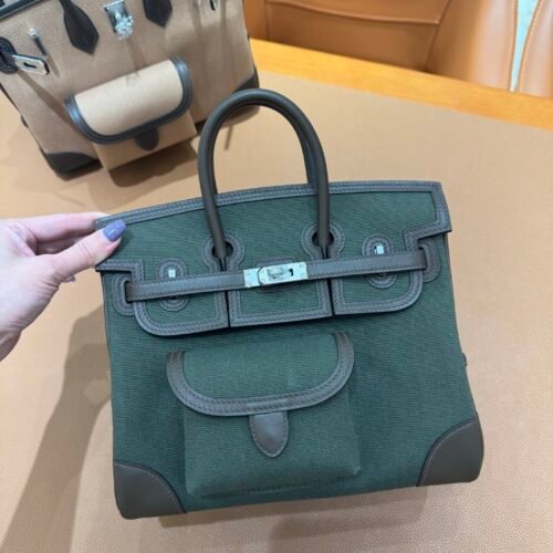 New Shipment Birkin Cargo 25CM 60 Vert Bronze Canvas/ Swift Leather Silver Hardware