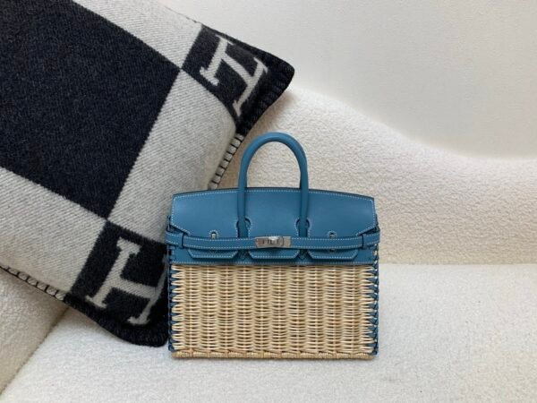 New Available Birkin25cm Picnic 75 BLUE JEAN Swift leather Wicker Full Handmade