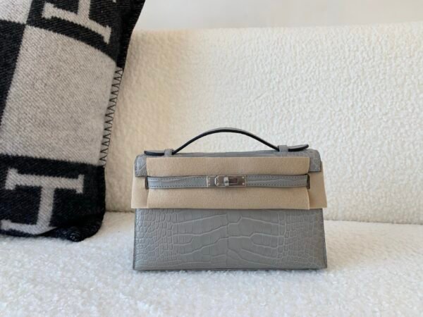 UK sale Kelly Pochette 22CM 0V Alligator Leather Silver Hardware