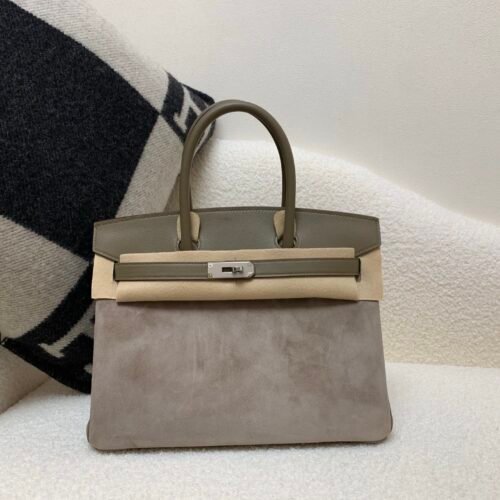Full Handmade Birkin 30CM 18 Etoupe Swift Leather Suede Silver Hardware