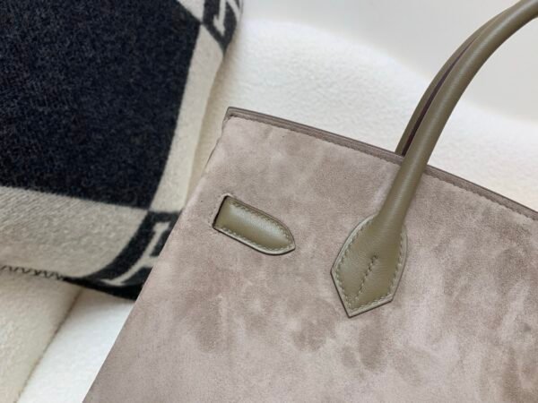 Full Handmade Birkin 30CM 18 Etoupe Swift Leather Suede Silver Hardware