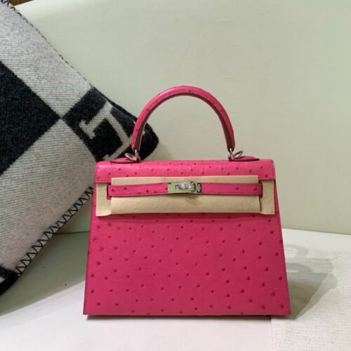 France Delivery Kelly 25CM E5 Rose Tyrien Ostrich Leather Silver Hardware