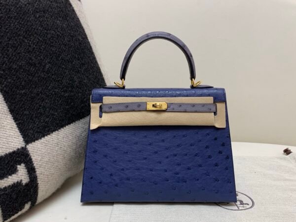 Lady Handle bag Kelly 25CM 77 Bleu Iris R2 Bleu Agate Ostrich Leather Gold Hardware R2 Bleu Agate