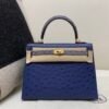 Lady Handle bag Kelly 25CM 77 Bleu Iris R2 Bleu Agate Ostrich Leather Gold Hardware R2 Bleu Agate