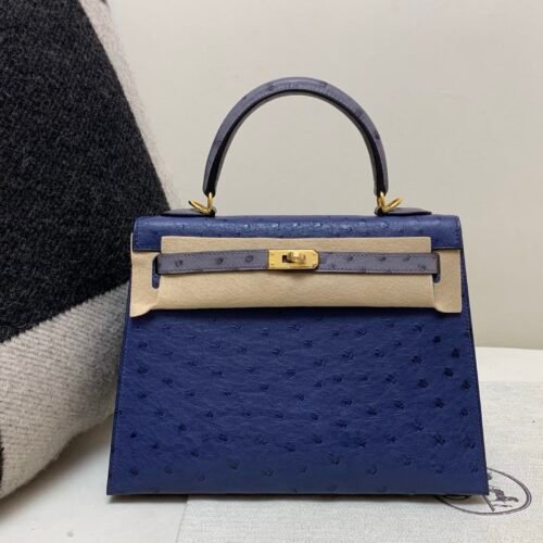 wsxc1769444847117_0 Lady Handle bag Kelly 25CM 77 Bleu Iris R2 Bleu Agate Ostrich Leather Gold Hardware R2 Bleu Agate