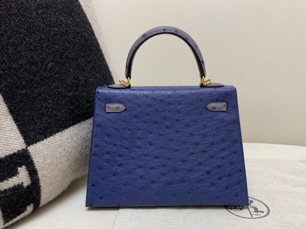 Lady Handle bag Kelly 25CM 77 Bleu Iris R2 Bleu Agate Ostrich Leather Gold Hardware R2 Bleu Agate