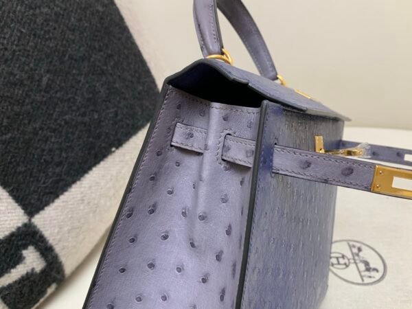 Lady Handle bag Kelly 25CM 77 Bleu Iris R2 Bleu Agate Ostrich Leather Gold Hardware R2 Bleu Agate