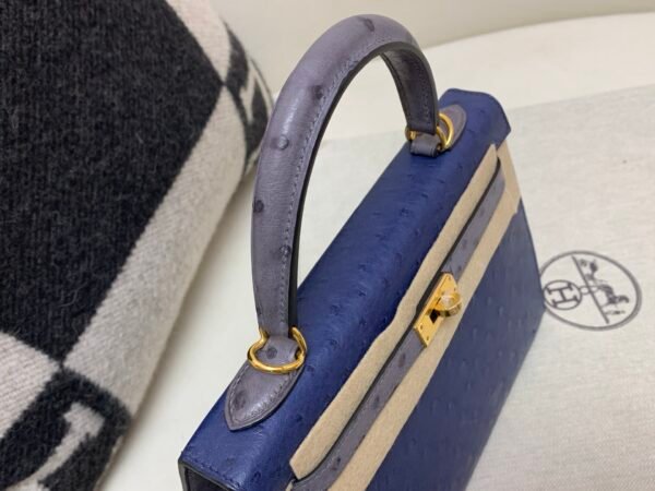 Lady Handle bag Kelly 25CM 77 Bleu Iris R2 Bleu Agate Ostrich Leather Gold Hardware R2 Bleu Agate
