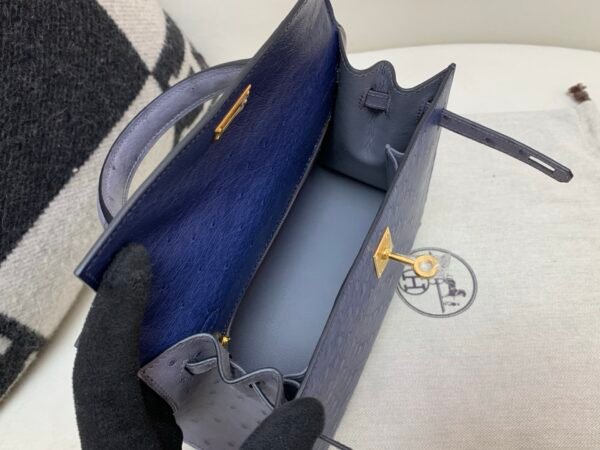 Lady Handle bag Kelly 25CM 77 Bleu Iris R2 Bleu Agate Ostrich Leather Gold Hardware R2 Bleu Agate