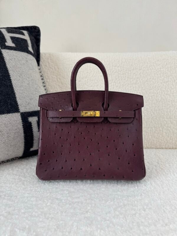 Top Handmade Birkin 25CM L3 Rose Pourpre Ostrich Leather Gold Hardware