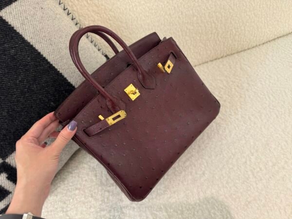 Top Handmade Birkin 25CM L3 Rose Pourpre Ostrich Leather Gold Hardware