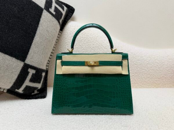 Top Handmade Kelly 25CM Alligator Leather 6Q Vert Emeraude Gold Hardware