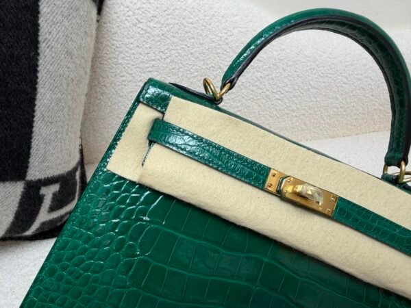 Top Handmade Kelly 25CM Alligator Leather 6Q Vert Emeraude Gold Hardware