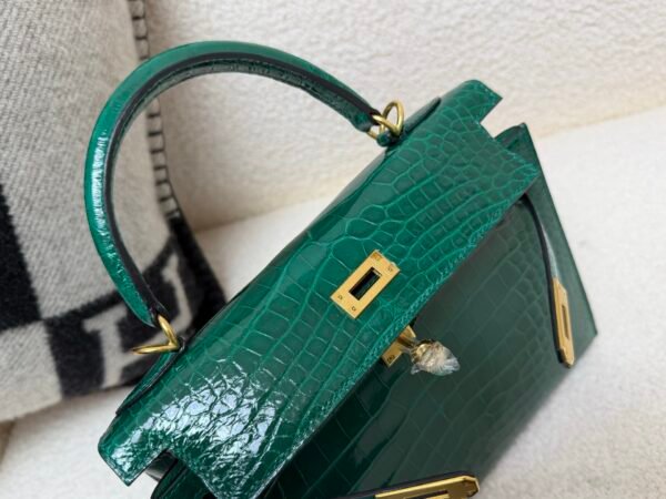 Top Handmade Kelly 25CM Alligator Leather 6Q Vert Emeraude Gold Hardware