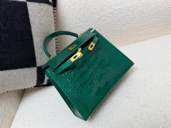 Top Handmade Kelly 25CM Alligator Leather 6Q Vert Emeraude Gold Hardware