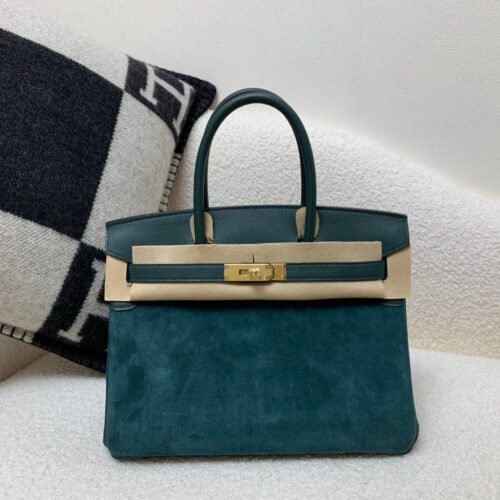 Birkin 25cm 7A Bleu Thalassa Swift and Suede Leather Full Handmade GHW
