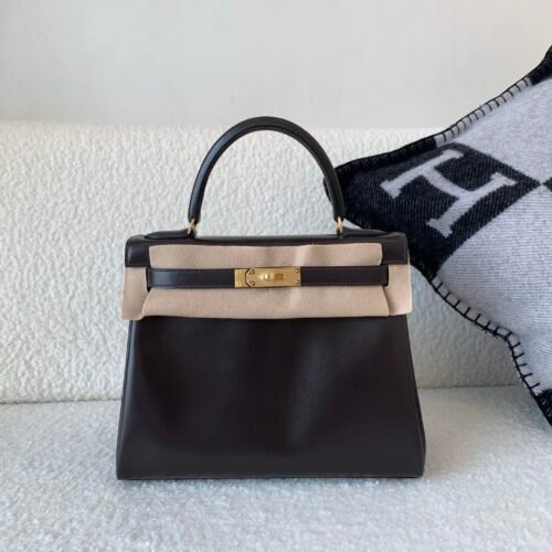 Full Handmade Kelly 28CM 46 EBONE Box Leather Gold Hardware Top Quality