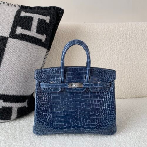Birkin 25cm Porosus Leather 7K Bleu Abysse Full Handmade Silver Hardware Top Quality