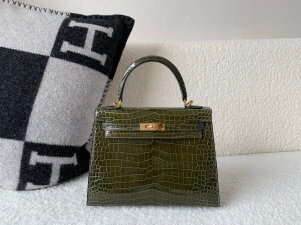 Top Handmade Kelly 25cm 61 Vert Olive Porosus Leather Gold Hardware