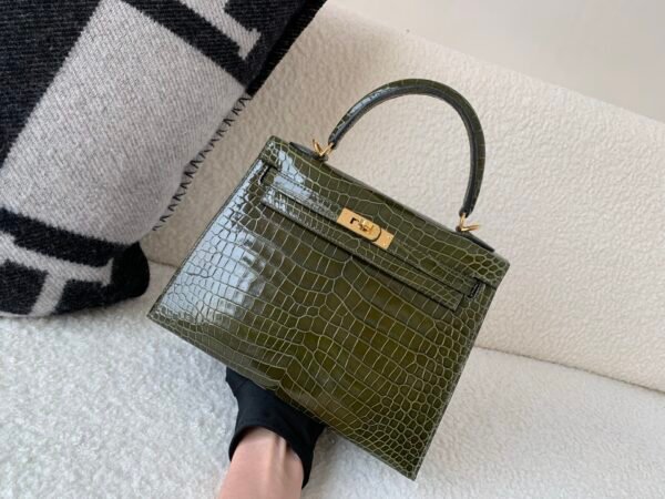 Top Handmade Kelly 25cm 61 Vert Olive Porosus Leather Gold Hardware