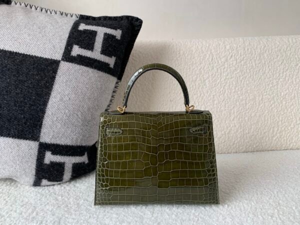 Top Handmade Kelly 25cm 61 Vert Olive Porosus Leather Gold Hardware