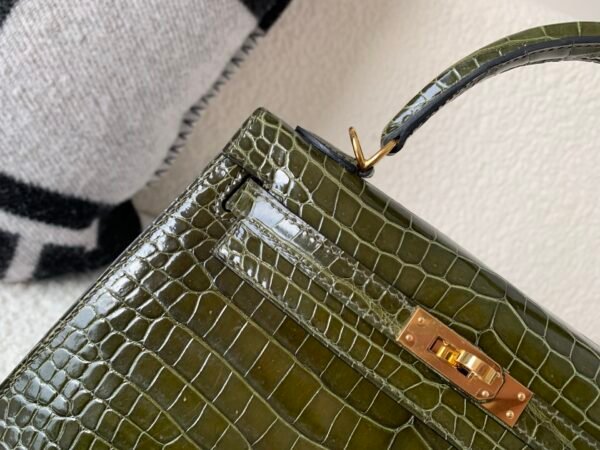 Top Handmade Kelly 25cm 61 Vert Olive Porosus Leather Gold Hardware
